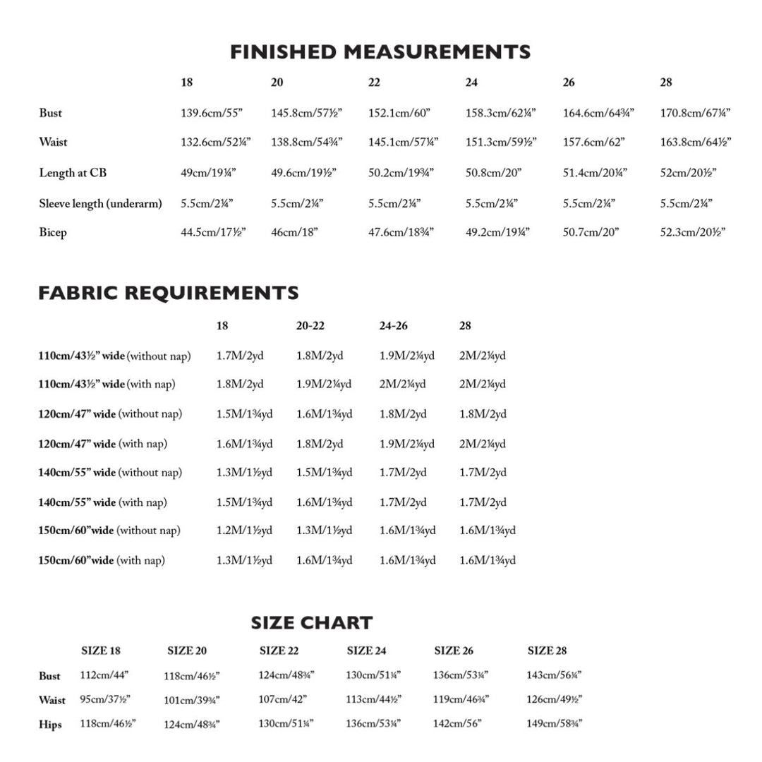 Measurement chart for clothing with finished measurements and fabric requirements.