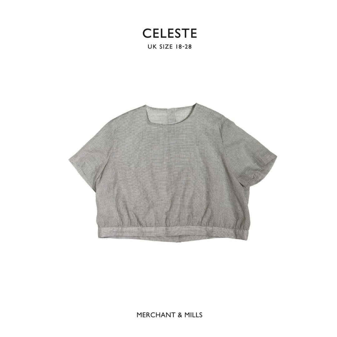 Gray crop top with 'Celeste' branding on a white background