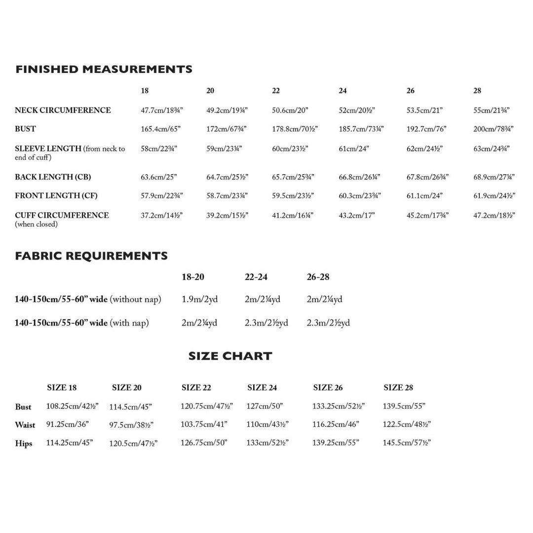 Measurement chart for clothing with finished measurements and fabric requirements.