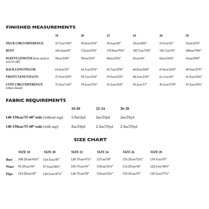 Measurement chart for clothing with finished measurements and fabric requirements.
