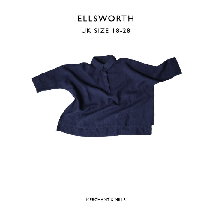 Navy blue shirt on a white background with 'Ellsworth' and 'Merchant & Mills' text.