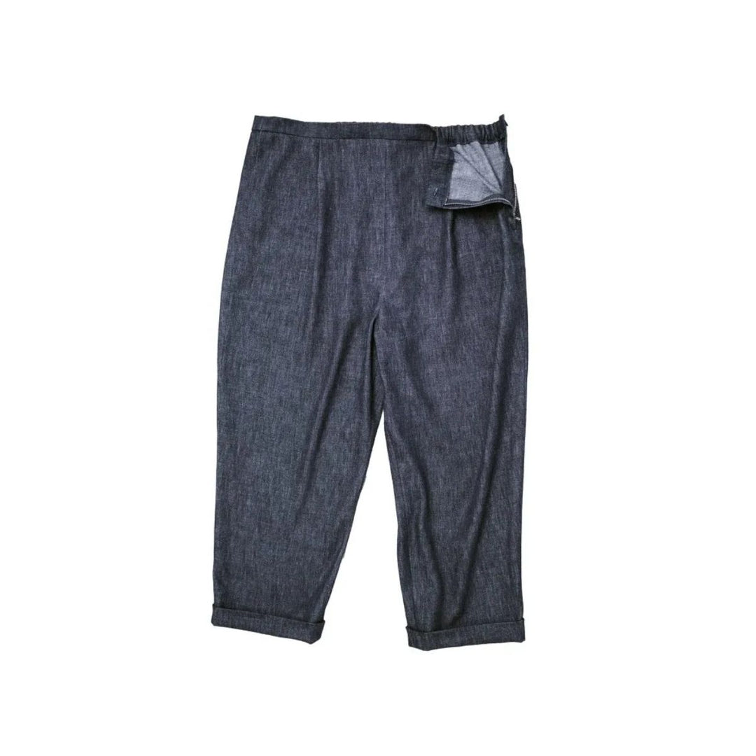 Pair of blue denim pants on a white background