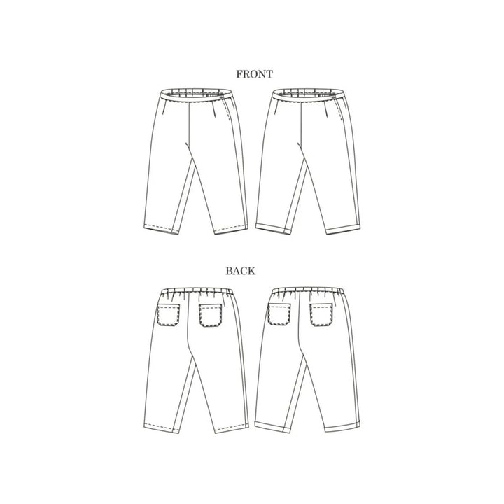 Technical drawing of pants showing front and back views on a white background