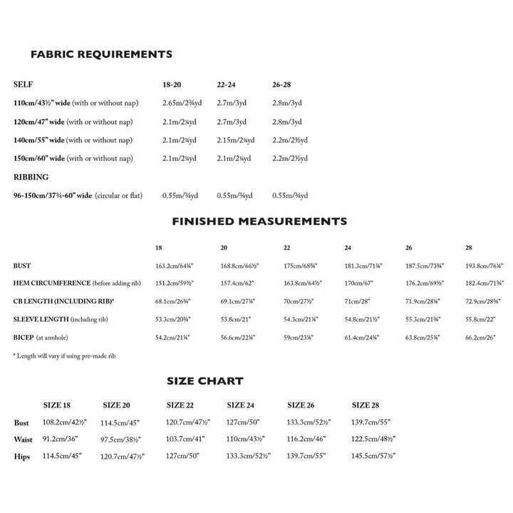 Fabric requirements and size chart for clothing on a white background