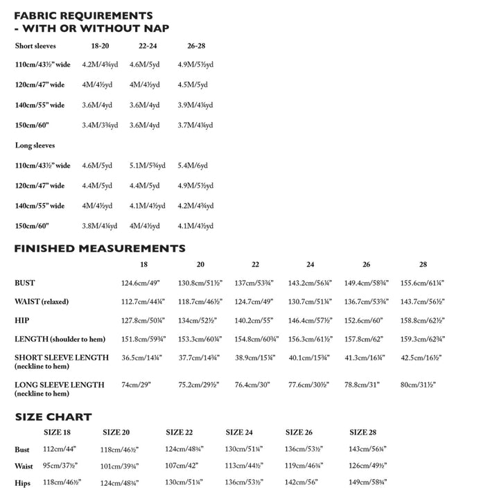 Fabric requirements and size chart for clothing with or without a nap.