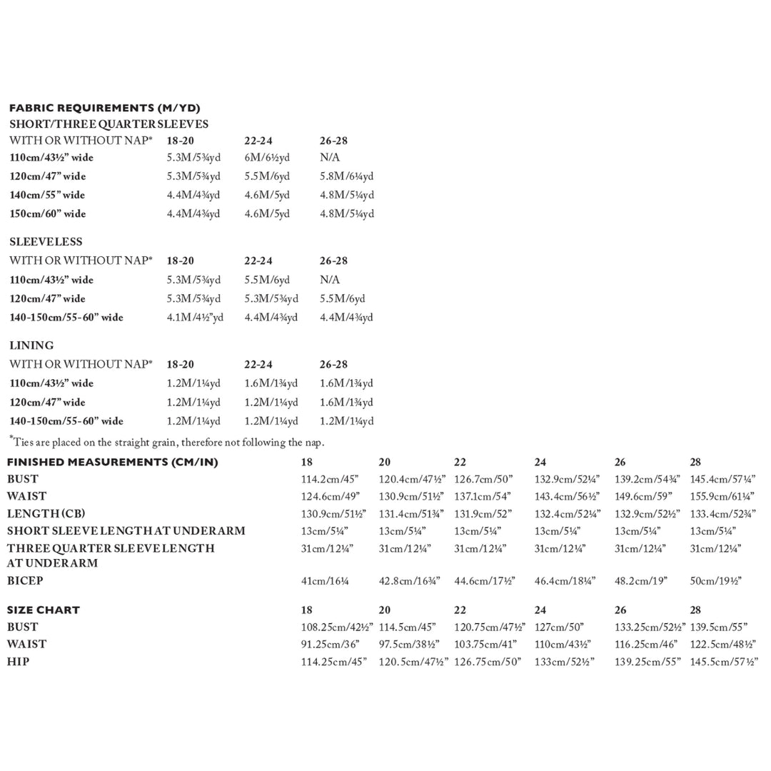 A sizing and measurement chart with tabular fabric requirements, sleeve lengths, lining measurements, finished measurements in centimeters and inches, size chart, bust, waist, and hip measurements for sizes 18, 20, 22, and 26.