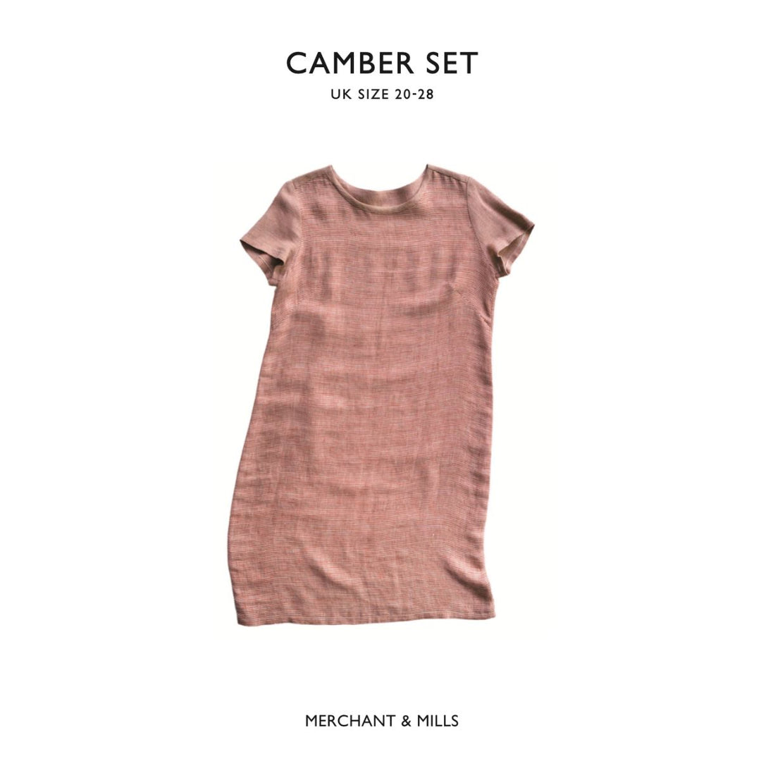 Pink dress on a white background with 'Camber Set' and 'Merchant & Mills' branding.