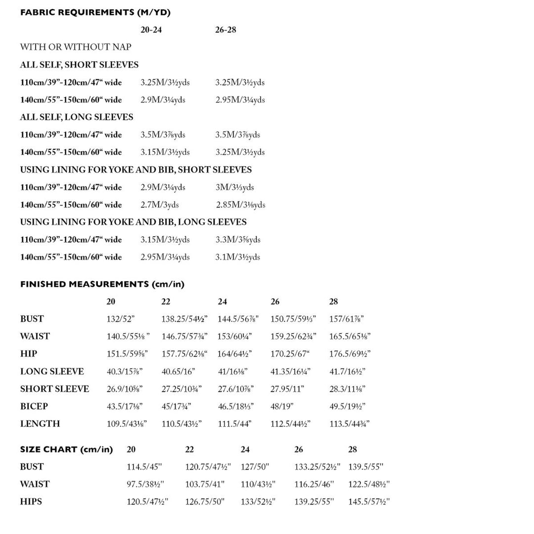 Fabric requirements and size chart for clothing measurements on a white background