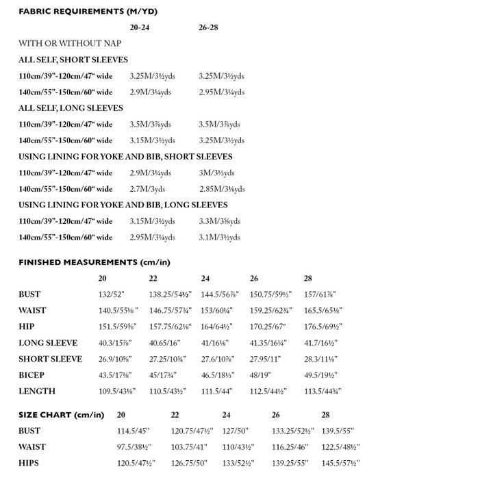 Fabric requirements and size chart for clothing measurements on a white background