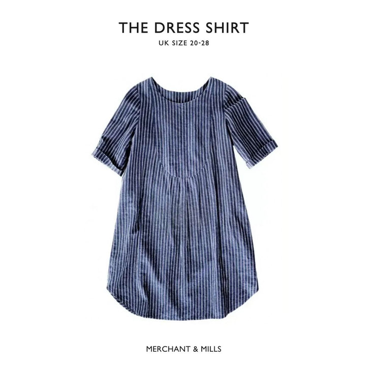 Blue and white striped dress shirt on a white background with 'Merchant & Mills' branding.