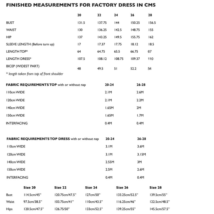 Measurement chart for factory dress sizes in centimeters