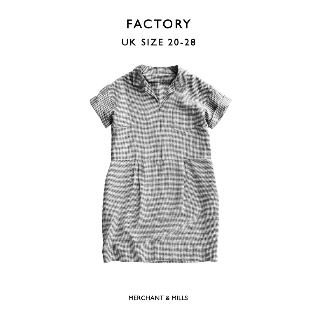 Gray checkered dress on a white background with 'Factory' and 'Merchant & Mills' text.