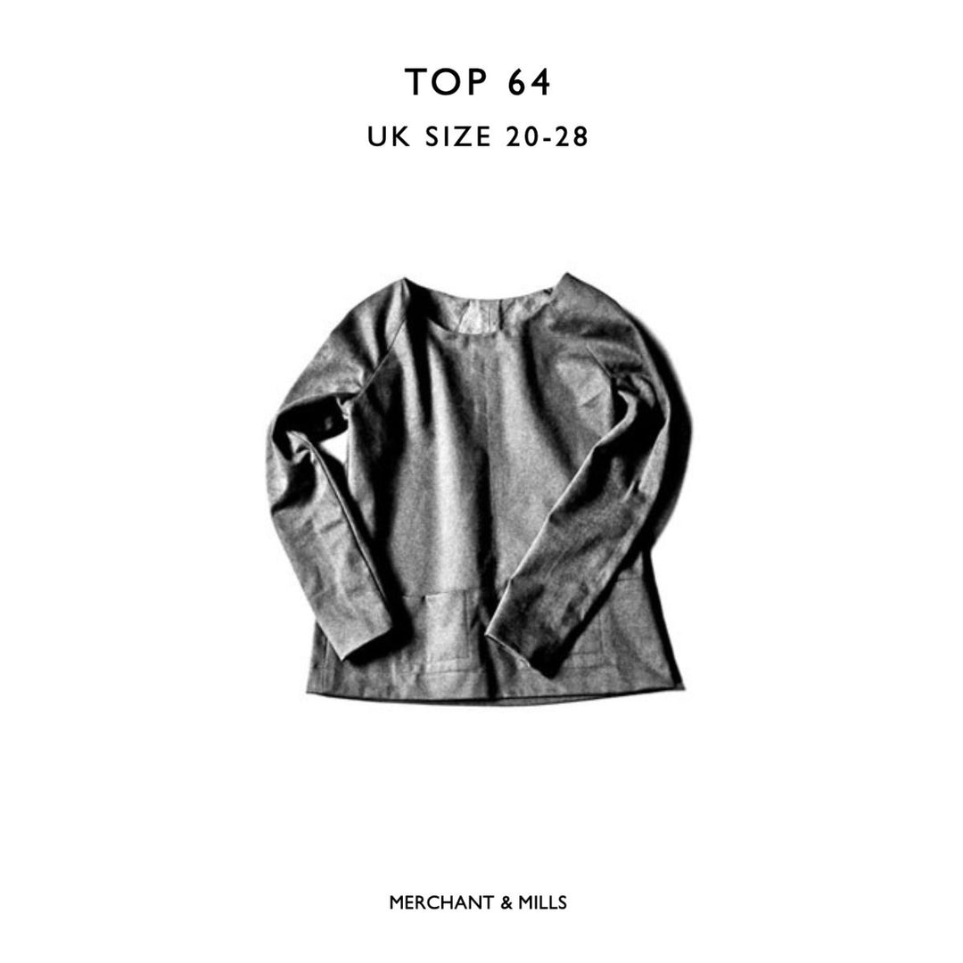 Dark gray top with long sleeves on a white background, labeled 'Top 64' and 'UK Size 20-28' by Merchant & Mills.