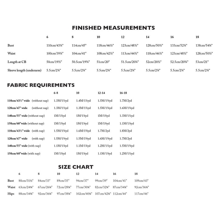 Measurement chart for clothing with finished measurements, fabric requirements, and size chart.