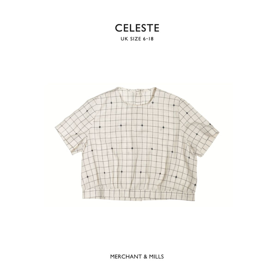 Grid-patterned shirt on a white background with 'Celeste' and 'Merchant & Mills' branding.