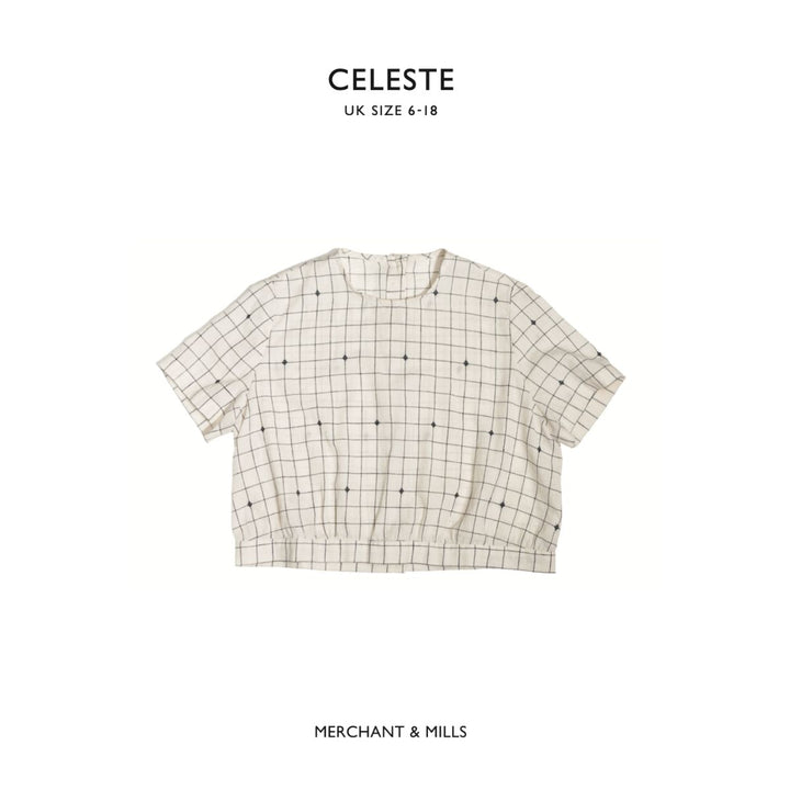 Grid-patterned shirt on a white background with 'Celeste' and 'Merchant & Mills' branding.
