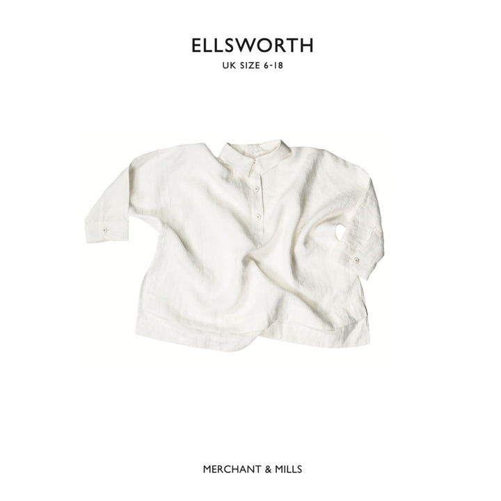 White shirt on a white background with 'Ellsworth' and 'Merchant & Mills' text.