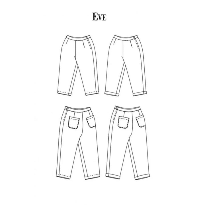 Line drawing of four pairs of pants labeled 'EVE' on a white background