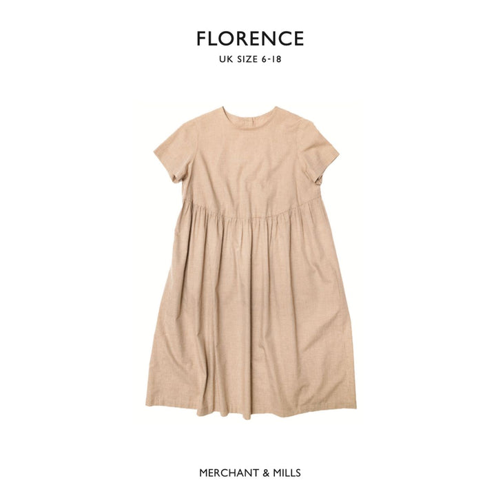 Beige dress on a white background with 'Florence' and 'Merchant & Mills' branding.
