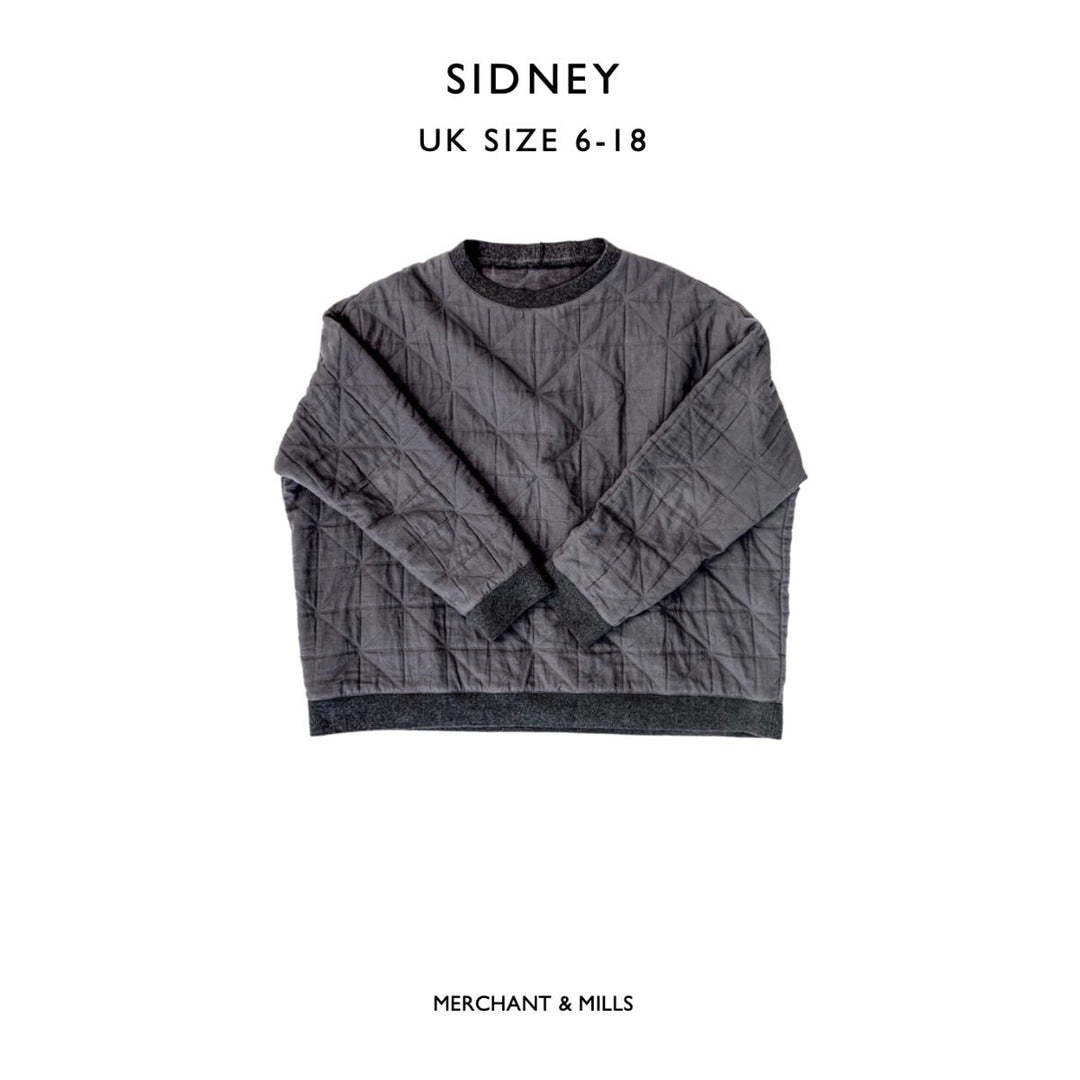 Gray quilted sweatshirt on a white background with 'Sidney' and 'Merchant & Mills' text.