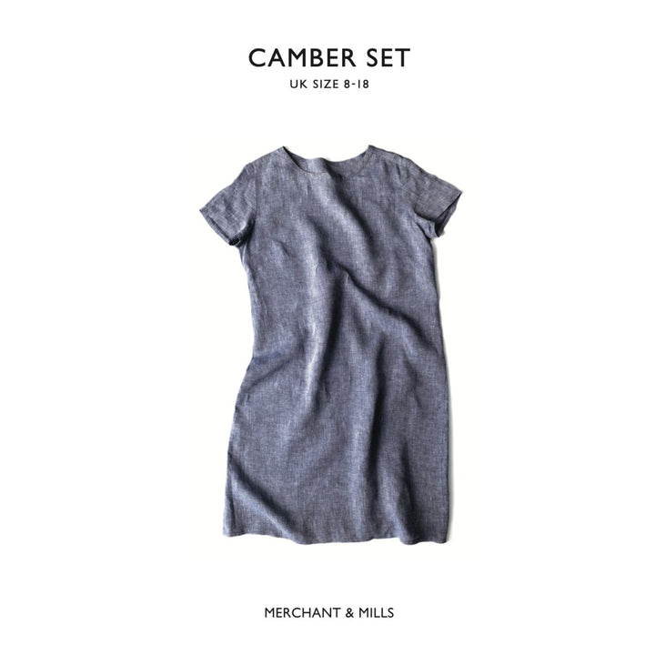 Grey dress on a white background with 'Camber Set' and 'Merchant & Mills' branding.