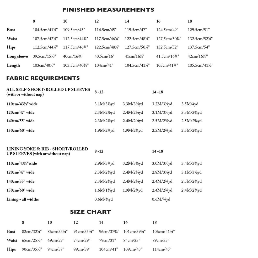 Measurement chart for clothing with fabric requirements and size chart on a white background