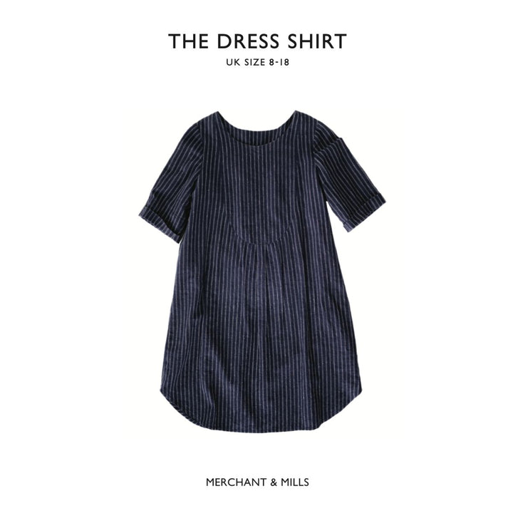 Black and white striped dress shirt with 'The Dress Shirt' branding on a white background