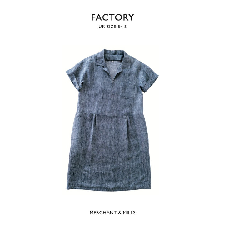 Blue dress with short sleeves on a white background, labeled 'Factory' and 'Merchant & Mills'.