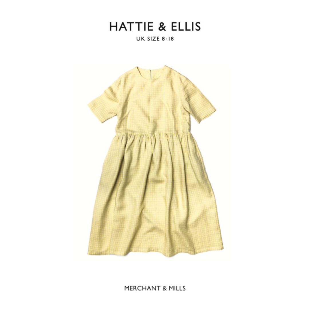 Yellow dress on a white background with 'Hattie & Ellis' and 'Merchant & Mills' branding.