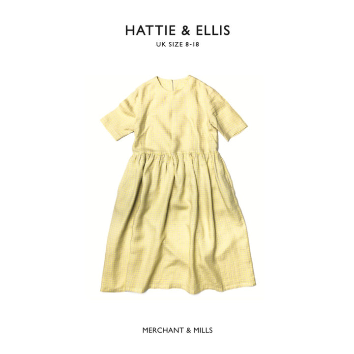 Yellow dress on a white background with 'Hattie & Ellis' and 'Merchant & Mills' branding.