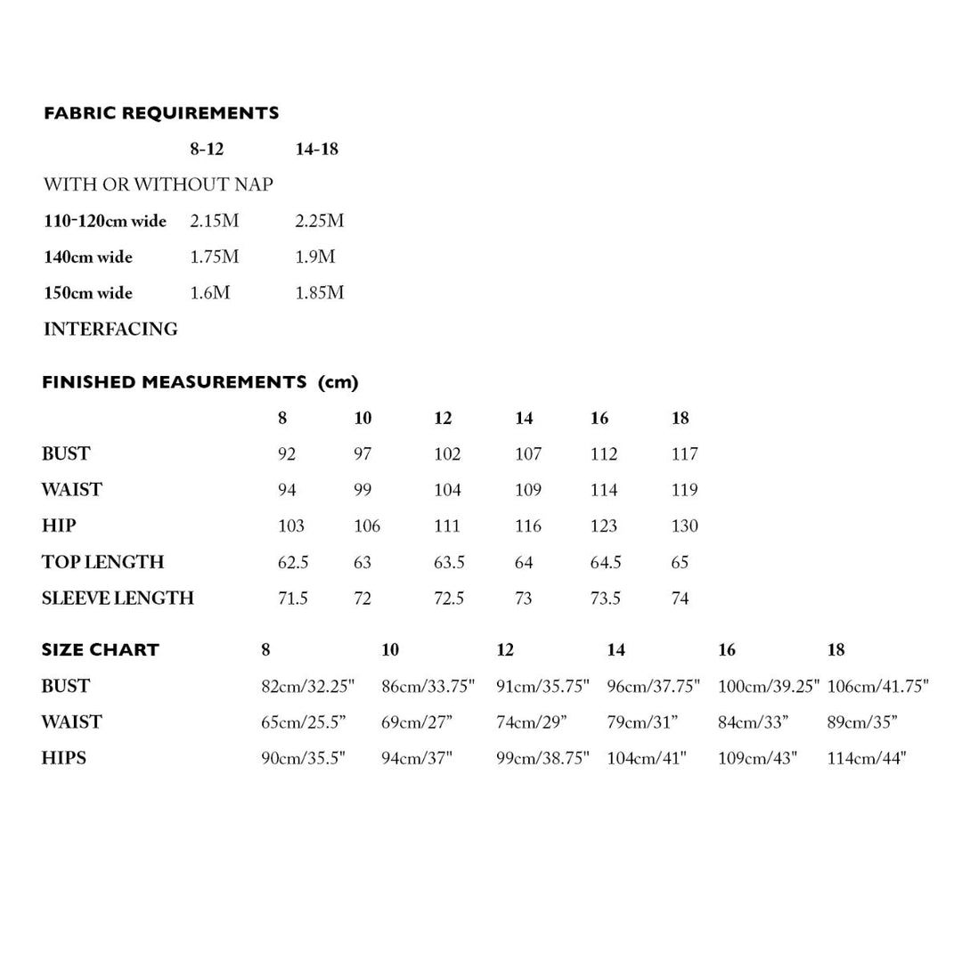 Fabric requirements and size chart for clothing on a white background
