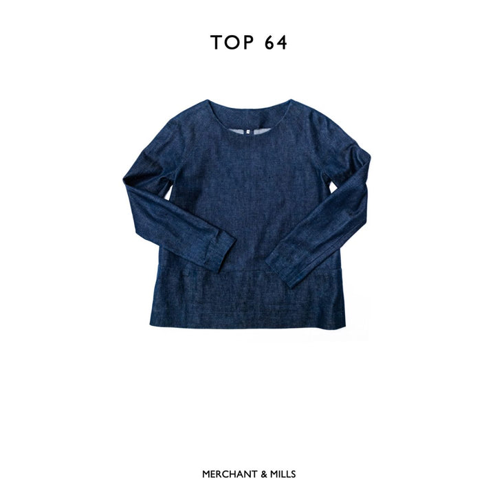 Blue long-sleeve shirt on a white background with 'Merchant & Mills' branding.