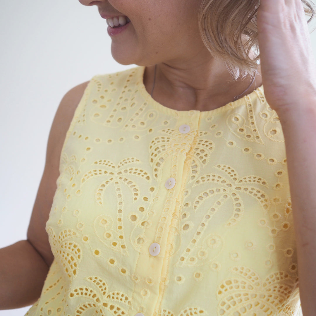 Lauren's Azure Top in Butter Yellow Palm Tree Broderie Anglaise