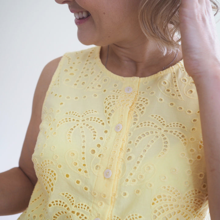 Lauren's Azure Top in Butter Yellow Palm Tree Broderie Anglaise