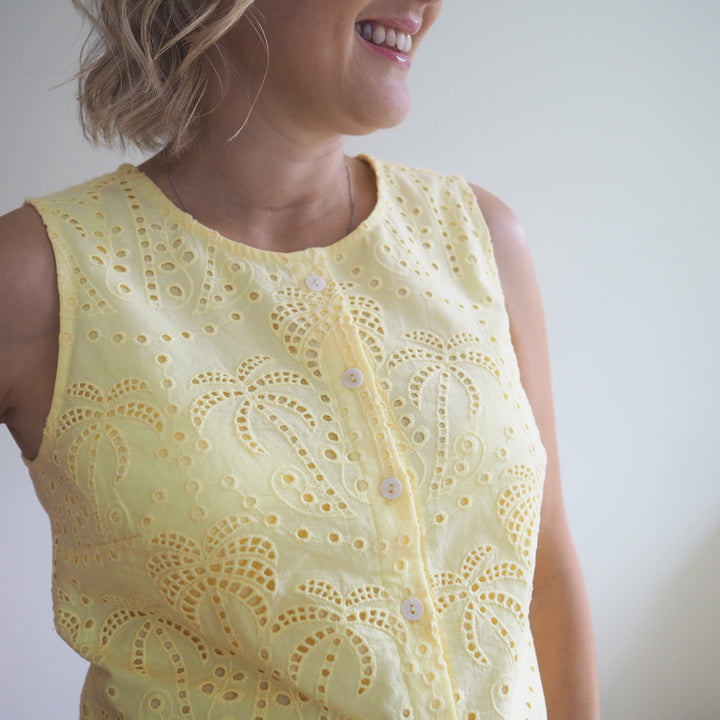 Lauren's Azure Top in Butter Yellow Palm Tree Broderie Anglaise