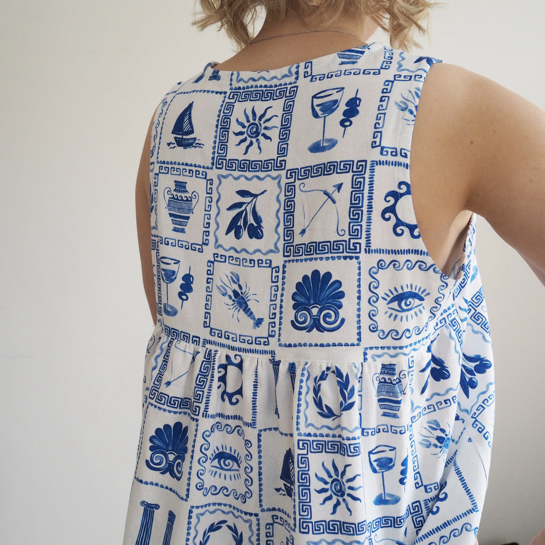 Lauren's Peplum Split Tank in Delphi Tiles Viscose Linen