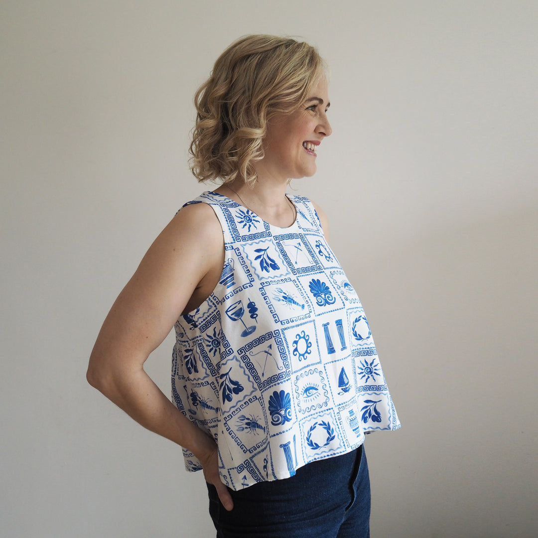 Lauren's Peplum Split Tank in Delphi Tiles Viscose Linen