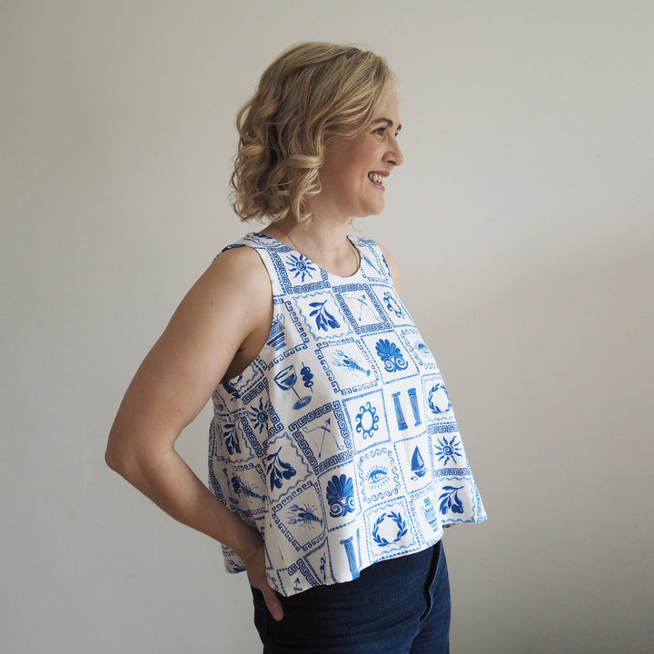 Lauren's Peplum Split Tank in Delphi Tiles Viscose Linen