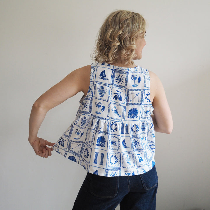 Lauren's Peplum Split Tank in Delphi Tiles Viscose Linen