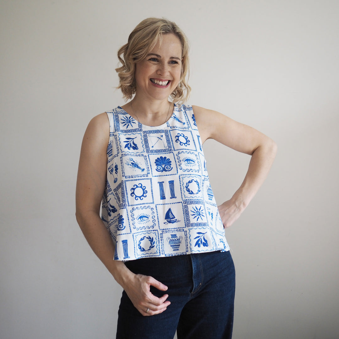 Lauren's Peplum Split Tank in Delphi Tiles Viscose Linen