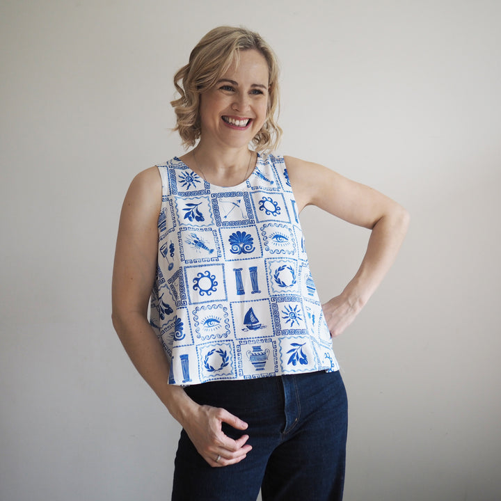 Lauren's Peplum Split Tank in Delphi Tiles Viscose Linen