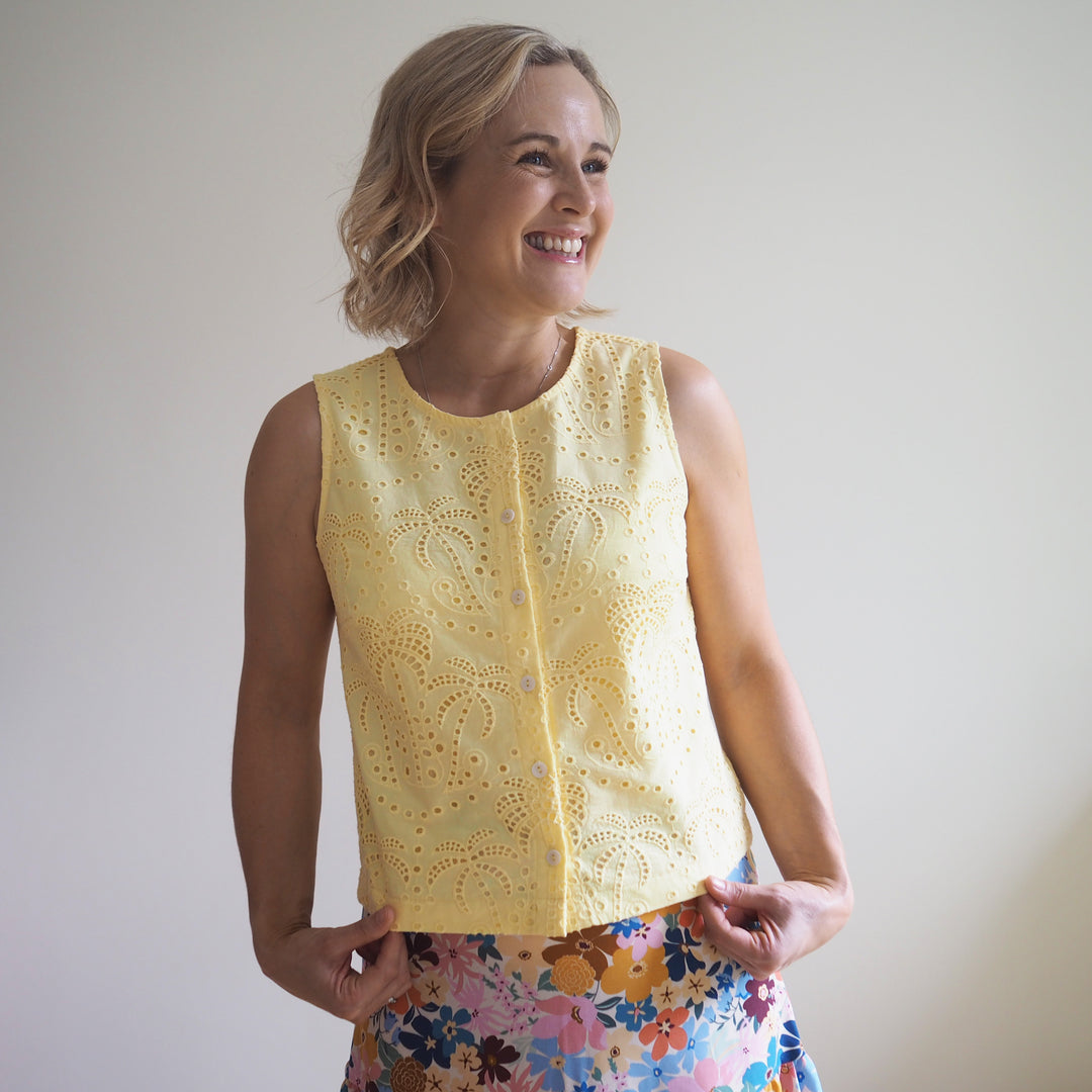 Lauren's Azure Top in Butter Yellow Palm Tree Broderie Anglaise