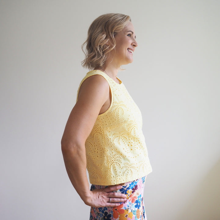 Lauren's Azure Top in Butter Yellow Palm Tree Broderie Anglaise
