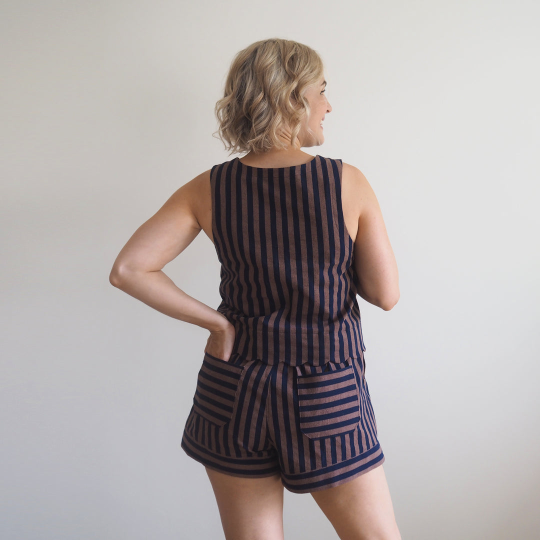 Lauren's Rose Shorts in Espresso Yarn Dyed Stripe Cotton