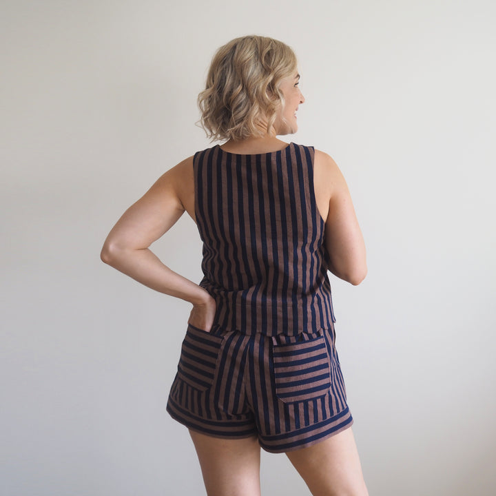 Lauren's Rose Shorts in Espresso Yarn Dyed Stripe Cotton
