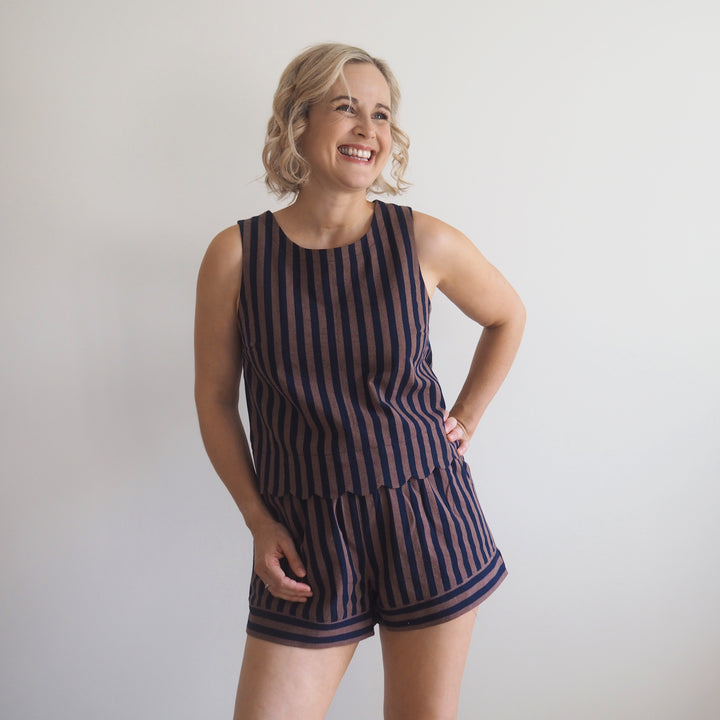 Lauren's Rose Shorts in Espresso Yarn Dyed Stripe Cotton