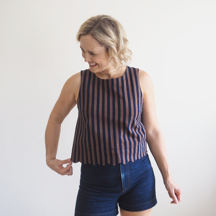 Lauren's Azure Top in Espresso Yarn Dyed Stripe Cotton