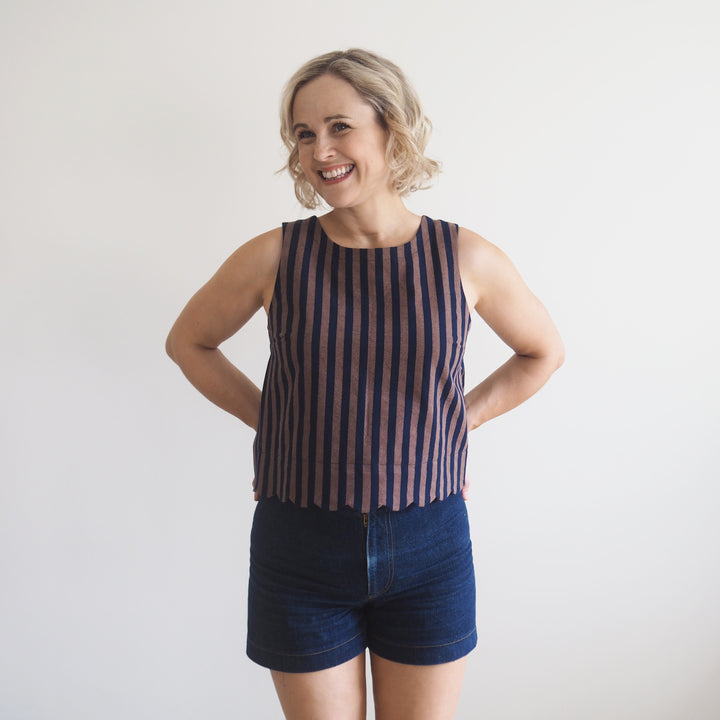 Lauren's Azure Top in Espresso Yarn Dyed Stripe Cotton