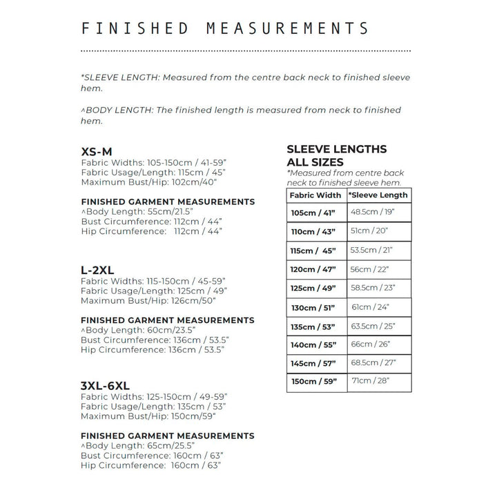 Measurement chart for garment sizes with sleeve lengths and finished measurements.