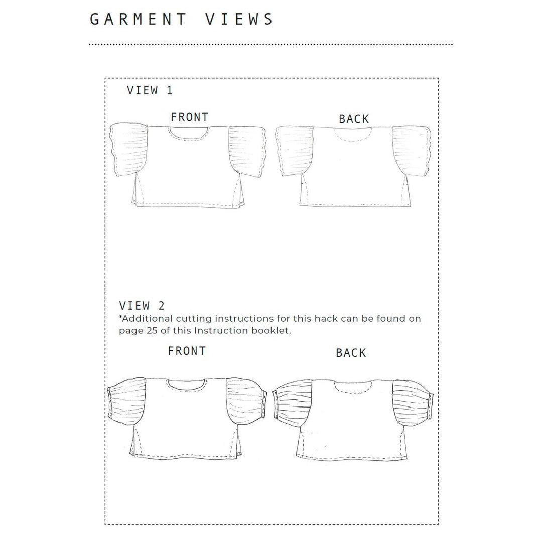 Technical drawing of a garment with front and back views labeled.